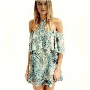 Krisa Off Soulder Halter Neck Flatter Sleeve Mini Floral Green Dress Size M